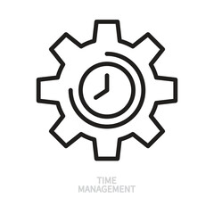 Time management line icon. Gear wheel, cogwheel sign. Clock, watch symbol. Optimization, control, planning, schedule, concept. Isolated on a white background. Editable stroke. Vector illustration.