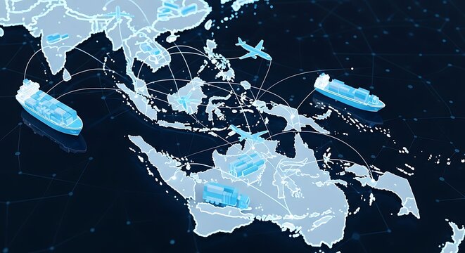 Digital visualization of an international supply chain network and global logistics