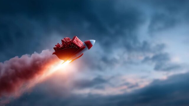 4k Santa Claus flying through the sky on a rocket instead of his traditional sleigh, leaving a fiery trail of light behind him. Colorful Christmas presents