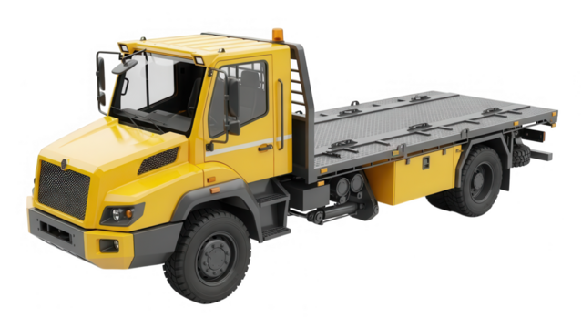 Yellow flatbed tow truck isolated on transparent background for commercial use