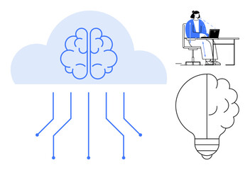 Artificial intelligence. Brain integration with cloud computing and innovation concepts. Artificial intelligence fostering remote work, problem-solving, and digital transformation. Perfect for tech