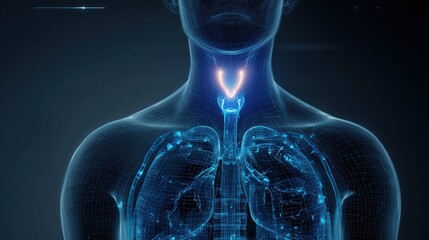 Scientific infographic showing human endocrine system with focus on thyroid gland, glowing highlight around thyroid, anatomical accuracy, clean medical layout