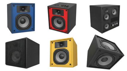 Collection of six different colored bookshelf audio speaker cabinet designs isolated on transparent background