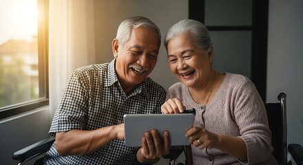 Elderly Couple Sharing Digital Tablet and Smiling Joyfully Indoors