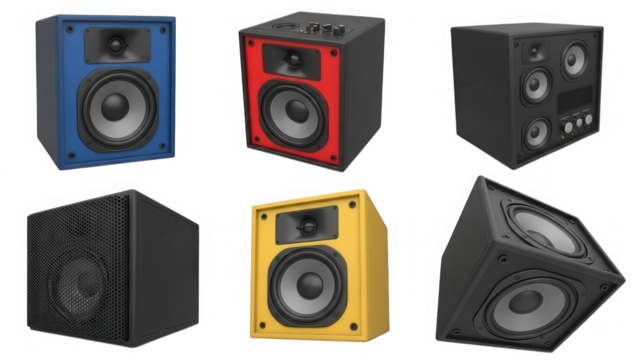 Collection of six different colored bookshelf audio speaker cabinet designs isolated on transparent background - Powered by Adobe