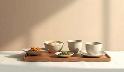 Zen Morning: Authentic Japanese Breakfast (Ichiju Sansai) of Grilled Salmon, Miso Soup, and Rice on a Natural Light Wood Table, Minimalist Aesthetics.