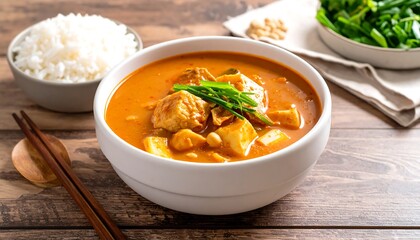 A close-up shot of a white bowl with reddish stew topped with green onions next to rice, greens, and chopsticks
