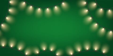 Christmas fairy lights green background with festive yellow light bulb garlands and copy space. Realistic vector illustration.