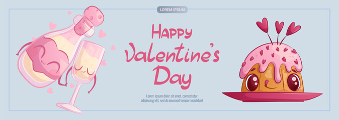 Horizontal banner for Valentine's Day. Cute cupcake, bottle and glass of champagne. A smiling character. Vector illustration for posters, banners, advertisements, flyers