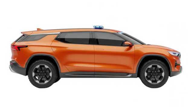 Orange concept suv side view with emergency light isolated on transparent background