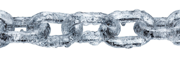 Chain links made of clear melting ice, isolated on transparent cutout background