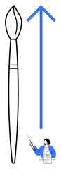 Paintbrush symbolizing creativity, blue upward arrow indicating progress, small figure presenting ideas. Ideal for creativity, art, innovation, growth, education presentation strategy. Simple flat