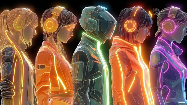 Neon digital art for gaming avatars featuring glowing outlines, vibrant neon colors, and dynamic poses ideal for game assets and digital portraits.