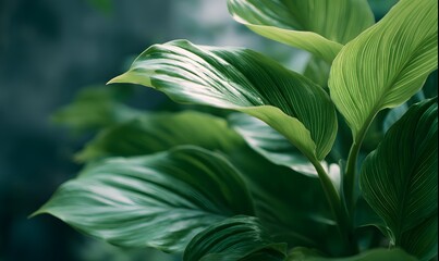 Obraz premium A beautiful moisturized plant close up, light peaks trought and it look realistic, dark green