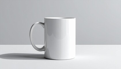 Obraz premium “A plain white ceramic mug on a white surface with a green plant against a light gray background.”