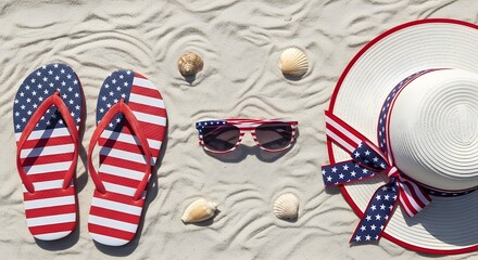 Patriotic summer beach essentials featuring American flag flip-flops, sunglasses, and a sun hat with a stars and stripes ribbon, perfectly styled on sandy terrain