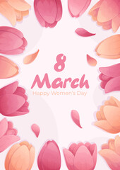 Template design for greeting cards for International Women's Day. March 8th. The buds are delicate tulips. Vector illustration for the design of postcards, invitation cards, posters, banners