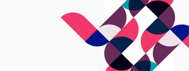 Obraz premium Abstract geometric shapes overlap, creating vibrant visual pattern. Pink, blue, purple hues dominate white background. Modern design.