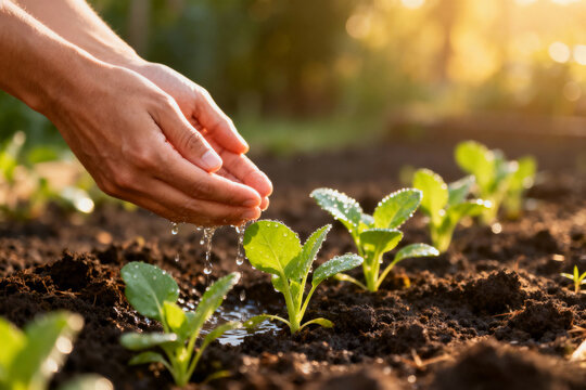 Gentle hands nurture young seedlings with fresh water in a sunny garden, promoting growth and sustainability