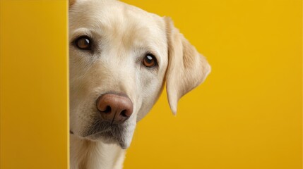 Curious Labrador retriever at the edge of a sunny yellow board with room for text