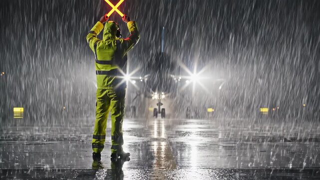 Airport marshaller signaling aircraft in heavy rain at night. Back view of worker using yellow and red flares in sequence. Aviation ground crew guiding plane safely during storm.