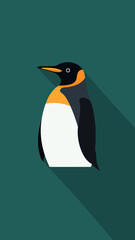 Fototapeta premium Minimalist flat vector illustration of a standing emperor penguin with dark teal background and long shadow, simplified geometric style bird icon design
