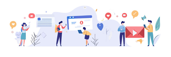 Flat minimalist vector illustration of diverse people using social media platforms with icons, messages, video content, and marketing communication symbols on white background