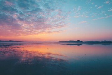 Fototapeta premium Dawn Over a Quiet Seascape: Pastel Clouds and Reflective Water