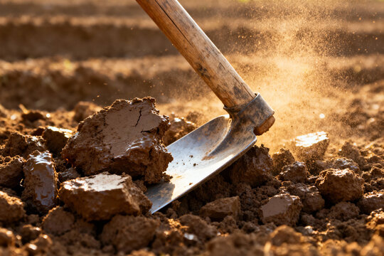 Rich soil being turned with a spade in the warm sunshine ready for planting new crops this spring
