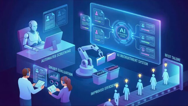 AI recruitment system and human resource using digital technology to scan resumes, checklist, evaluate job candidates, and automate the hiring process to improve efficiency and select the best talent - Powered by Adobe