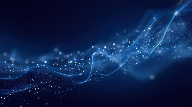 Deep blue abstract illustration featuring shimmering particles arranged in flowing lines and planar grids - Powered by Adobe