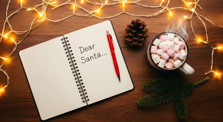 Crafting a heartfelt letter to Santa while enjoying cozy hot chocolate and twinkling lights, evoking holiday cheer and anticipation for Christmas magic