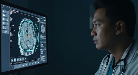 Doctor Analyzing Brain Scan on Monitor, Medical Professional in Healthcare Setting