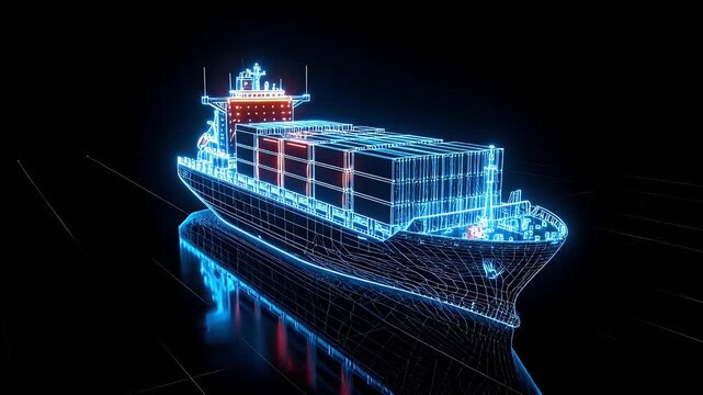 3D Wireframe Container Ship Moving Through Digital Grid