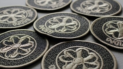 Collection of dark fabric embroidered patches showcasing intricate silver thread designs and detailed craftsmanship, arranged in a textured pattern on a subtle background
