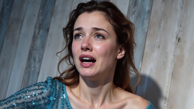 Emotional Portrait of Woman Singing Song on Stage with Lights