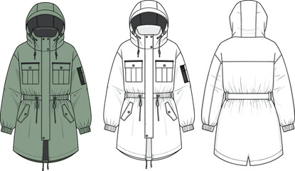 “Hooded parka jacket technical fashion flat sketch with cargo pockets, drawstring waist and sleeve details, CAD garment vector illustration” © Bappi Creatives