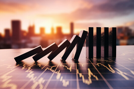 Black bricks falling like dominoes on financial chart. Concept of market collapse, chain reaction, and economic instability