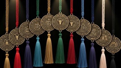 Elegant collection of twelve golden astrological zodiac sign medallions, each adorned with a vibrant tassel, symbolizing ancient wisdom, destiny, and mystical horoscopes