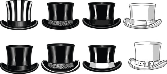 Elegant collection of vintage top hats in black and white, stylish formal headwear illustration for fashion design, costume accessories, and decoration