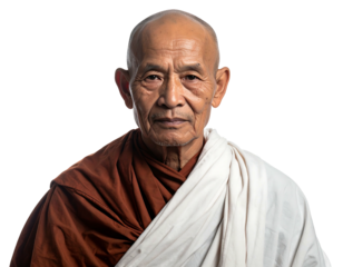 Portrait of an older Asian man with a shaved head, wearing robes and looking directly at the camera with a calm expression