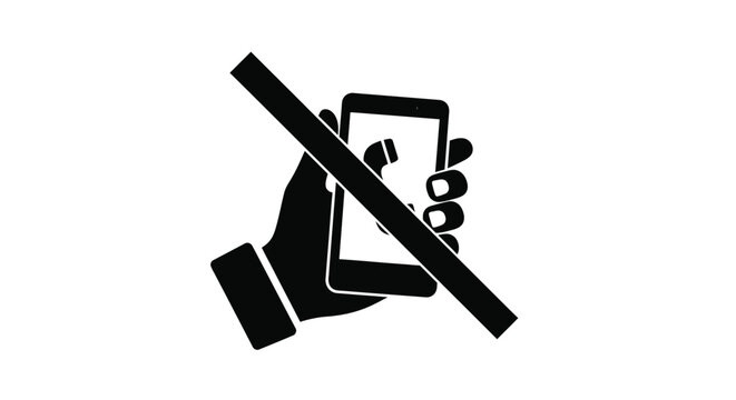 A hand holding a smartphone with a prohibition sign silhouette