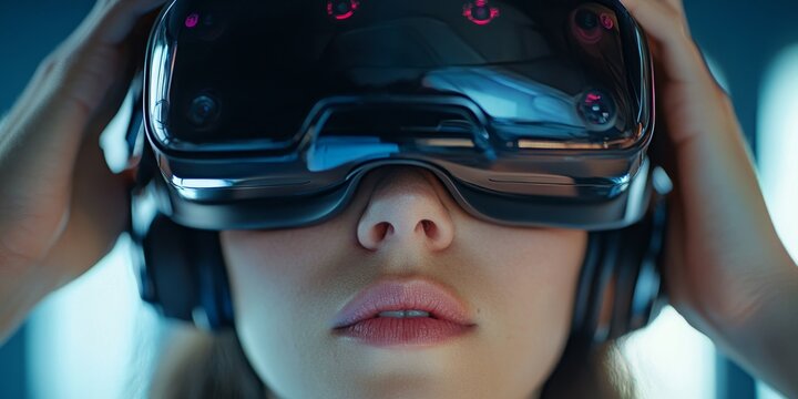 University student wearing virtual reality headset experiencing metaverse learning - Powered by Adobe