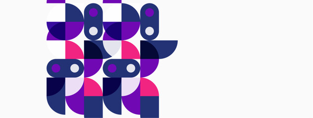 Abstract geometric shapes, purple hues, white background. Modern design, playful composition, simple forms, visual texture.