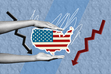 Sketch template design 3D photo collage composite of american flag map shape hand hold arrow point trade war economy decline business