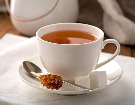 A close-up shot of a white teacup filled with tea, accompanied by sugar cubes and a rock candy on a saucer - Powered by Adobe