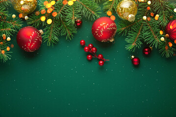 Christmas background with xmas tree, Christmas red golden ornament and sparkle bokeh lights on...