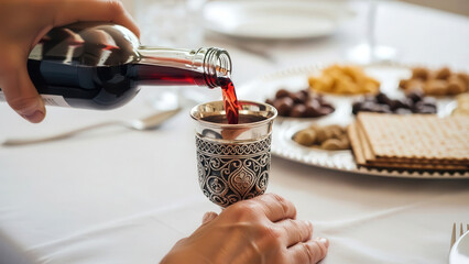 Pouring Red Wine into Traditional Silver Kiddush Cup for Passover Seder