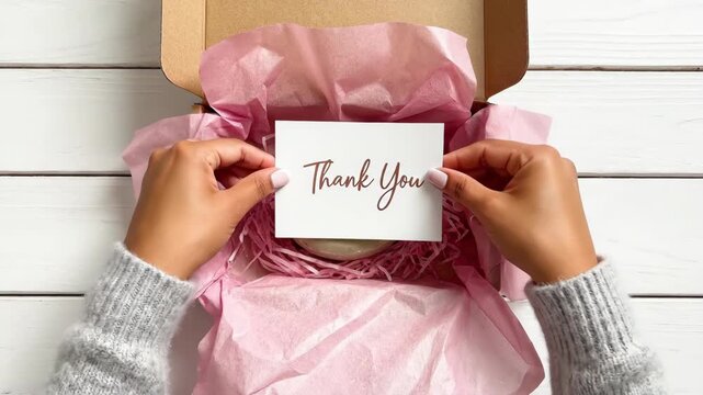 Hands opening pink gift box to reveal soap bar and thank you card. Flat lay sequence of preparing gratitude present with tissue paper. Top down view of unwrapping thoughtful token.