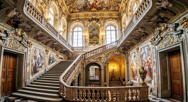 Ornate Staircase Hall Interior: Paintings, Sculptures, European Architecture - Powered by Adobe
